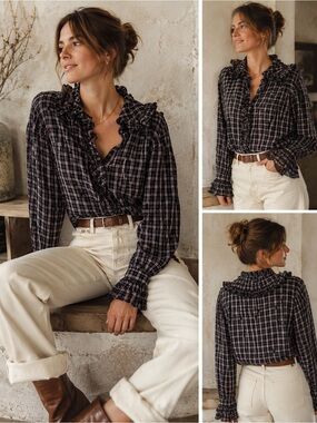 Laurence Bras Paris Plaid Ruffle Handloom Cotton Blouse Taille 2 French Boho